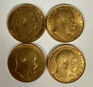 A group of four Edward VII gold sovereigns 1902, 2 x 1904 and 1908. (4)