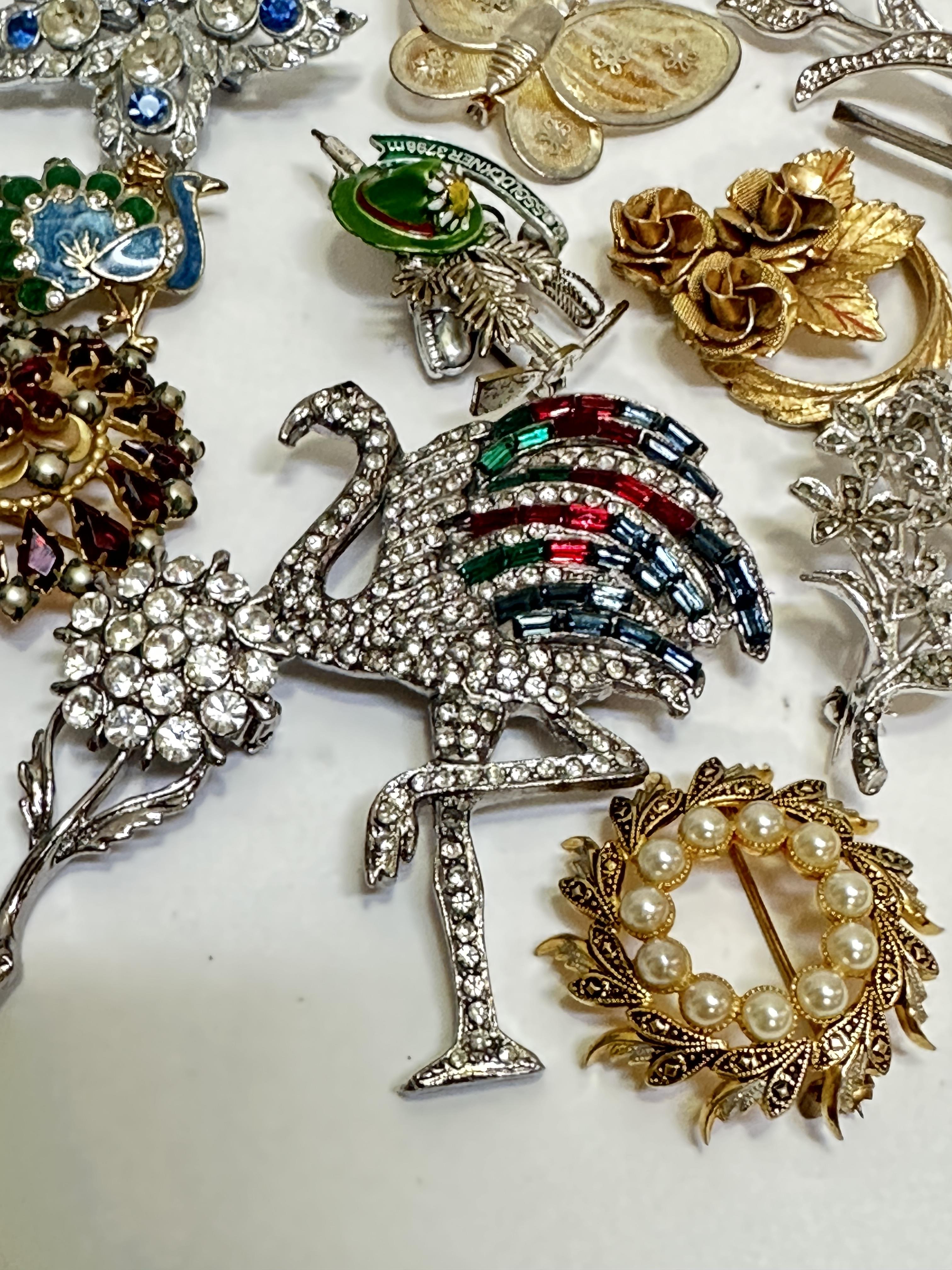 A collection of paste set brooches including a Cartier style Flamingo brooch, Peacock brooch, - Image 2 of 3