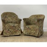 A near pair of early 20th century upholstered tub chairs, moving on casters H87cm