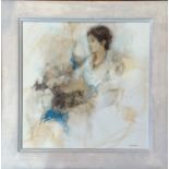 Anne Anderson Mayo (Scottish), The Girl and Cat, mixed media, signed bottom right, label verso, in