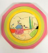 A Clarice Cliff 1930's Bizarre ware octagonal pattern single stand octagonal cake plate decorated