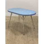 A 1950's kitchen table with oval blue formica top, raised on tubular tapered and splayed supports