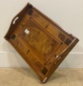 A twin handled parquetry drinks tray, comprised of pollard oak, rosewood, walnut, boxwood etc. H9cm,