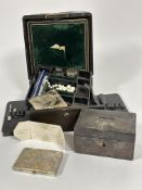 A collection of leather boxes including a 19thc leather travelling toilet and writing case, with