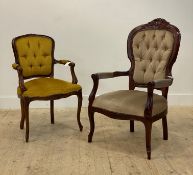 A Victorian style stained beech button back open arm chair (H107cm) together with another similar (