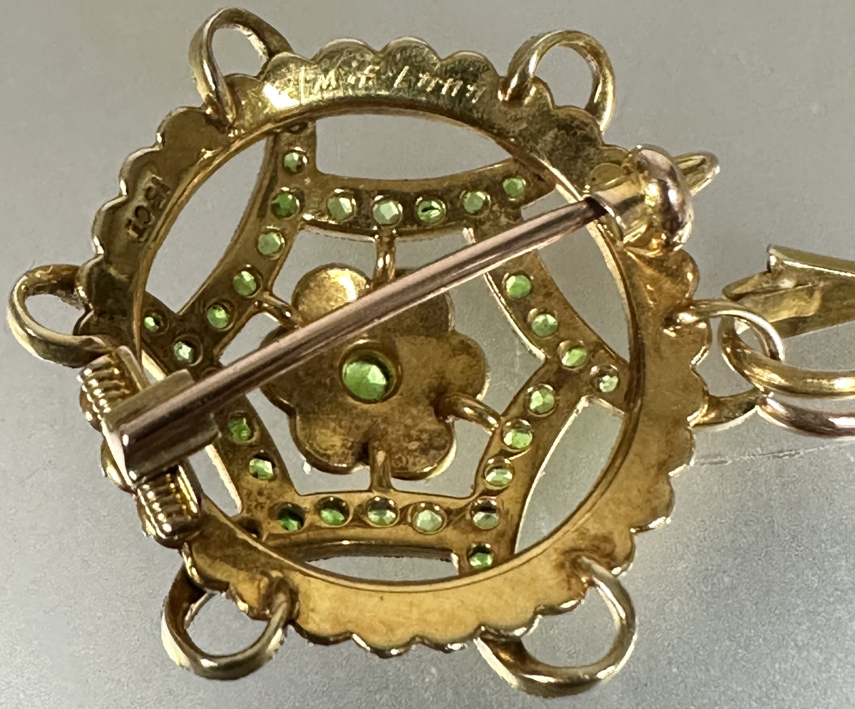 An Edwardian 15ct gold pendant brooch, the centre, set a green dematoid garnet within a surround of - Image 2 of 2