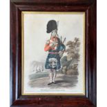 A 19thc print of The Highland piper George Clarke., highlighted with colour in faux rosewood moulded