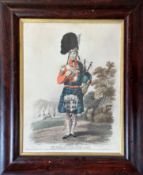 A 19thc print of The Highland piper George Clarke., highlighted with colour in faux rosewood moulded