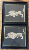 A pair of late 19thc sewn work panels depiction a Male Lion in coloured silk running stitch on black