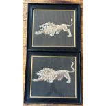 A pair of late 19thc sewn work panels depiction a Male Lion in coloured silk running stitch on black