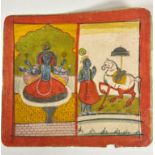 A 19thc Indian water colour painting of twin panels depicting Shiva seated on a dais and the other