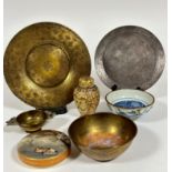 A collection of Eastern ceramics and metalware including a circular brass engraved dish (d .