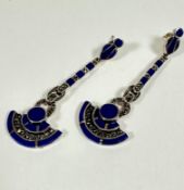 A pair of Art Deco inspired silver lapis lazuli and marcasite set pendant earrings. (7cm)