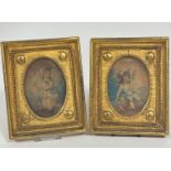A pair of late 18thc coloured engravings depicting a young girl and boy in oval gilt beaded bordered