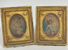 A pair of late 18thc coloured engravings depicting a young girl and boy in oval gilt beaded bordered
