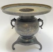 A Japanese bronze tripod censer with engraved and inlaid village scene with mountains and a lake,