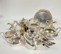 A collection of Epns including an Edwardian three piece engraved tea set and similar two piece
