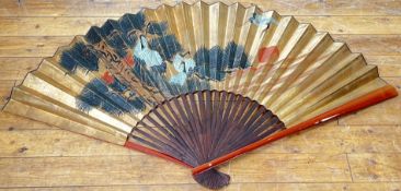 A large Japanese Rinpa style folding fan decorated with hand-painted scene of cranes, pine trees and