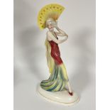 Katzhutte, A large Art deco porcelain figure of a girl holding a fan aloft, green printed marks. (