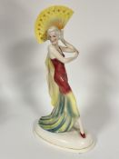 Katzhutte, A large Art deco porcelain figure of a girl holding a fan aloft, green printed marks. (
