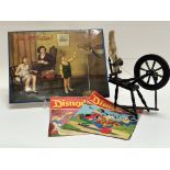 A mixed collection comprising a mini treen spinning wheel (h- 34cm), a 1920's McVities advertising
