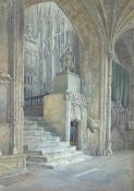 Attributed to Philip F Walker (1883 - 1914) Amiens Cathedral Interior beside Altar steps, gouache on