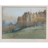 E H Clarke, View looking towards Ramsay Gardens from Princes Street, watercolour, signed bottom