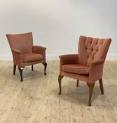 A near pair of button back upholstered bedroom chairs, each raised on cabriole supports H81cm