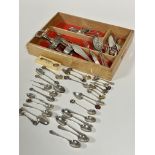 An oak flatware tray containing a collection of a set of six Birmingham silver tea spoons (a/f),