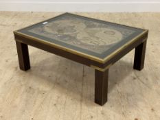 A late 20th century brass mounted mahogany campaign style low table table, the glazed top inset with