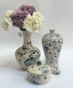 A group of blue and white porcelain/ceramics comprising a Yuan style meiping vase (h- 33cm) (mouth