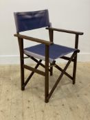 A directors style folding hardwood chair with blue sling seat and back H87cm, W57cm, D51cm