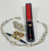 A collection of vintage costume jewellery including a pair of Victorian yellow metal earrings set