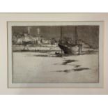 Late 19thc Continetal School, Boats at Low Tide by a Port, drypoint, unsigned, in stained glazed