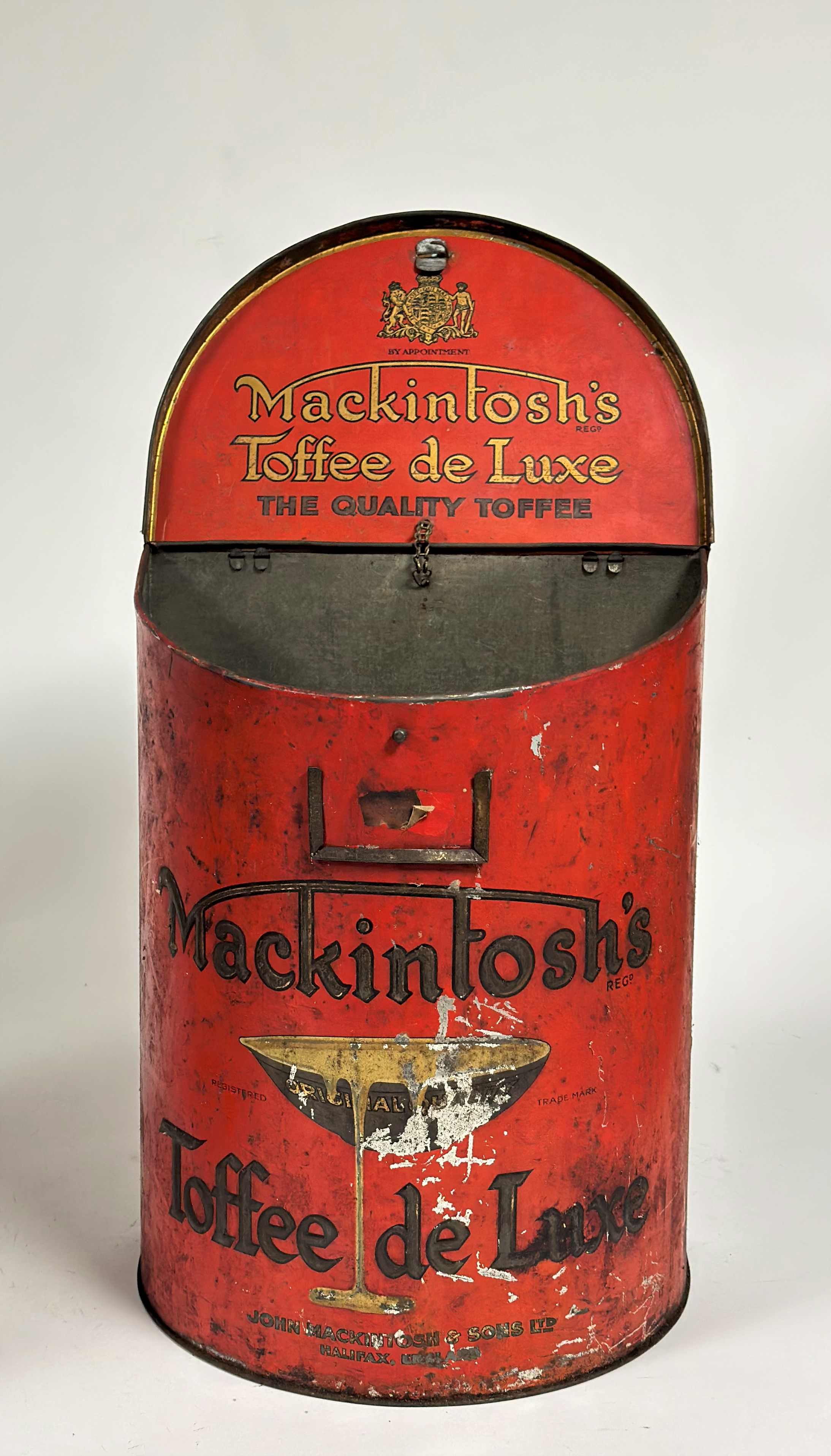 A pair of large display Mackintosh's Toffee De Luxe red tins with clip lids decorated with relief - Image 4 of 4
