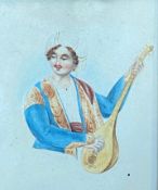 European school, 19th century, a Turkish Lute player, watercolour on paper, in a rosewood frame. (