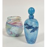 A modern tapered Art Glass vase with swirling multicoloured design, (10cm x 7cm) unsigned and a
