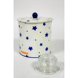 An Emma Bridgewater enamel cylinder storage container with cover decorated with blue star design, (h