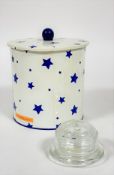 An Emma Bridgewater enamel cylinder storage container with cover decorated with blue star design, (h