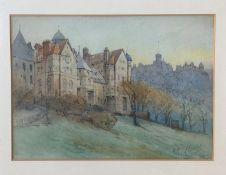 E H Clarke, Ramsay Gardens and Edinburgh Castle from the Mound, watercolour, signed lower right