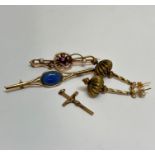 A 9ct gold floral set bar brooch set pink stone, leaves and two seed pearls, (L 5cm ), a silver gilt