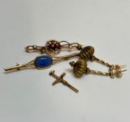 A 9ct gold floral set bar brooch set pink stone, leaves and two seed pearls, (L 5cm ), a silver gilt