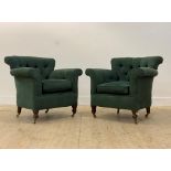 A pair Edwardian tub chairs, well upholstered in buttoned teal fabric, raised on square tapered