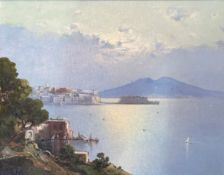 Ensel Salvi, Castel dell'Ovo and Vesuvius, Bay of Naples, oil on board, signed bottom left, paper