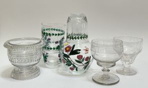 A mixed group of glass comprising a hand painted decanter/tumbler and two glasses (h- 21cm), a