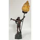 A French late 19thc spelter lamp figure Le Triomphe, one arm out stretched holding an olive