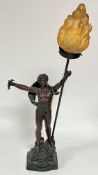 A French late 19thc spelter lamp figure Le Triomphe, one arm out stretched holding an olive