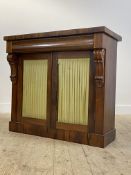 A Victorian rosewood chiffonier base, with cushion drawer over two pleated silk lined panelled doors