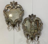 A pair of Venetian style girondole mirrors of cartouche form, the framed with glass apliques and