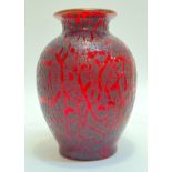 A Monart/Vasart style red textured glass 'cloisonne' vase of ovoid form with flared mouth